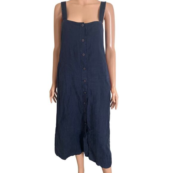 Spencer Tylar midi dress navy blue 100% Linen button up pockets SZ SM -flawed - Picture 2 of 11